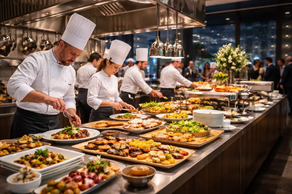 Chefs preparing a large catering order for a multi-unit restaurant franchise.