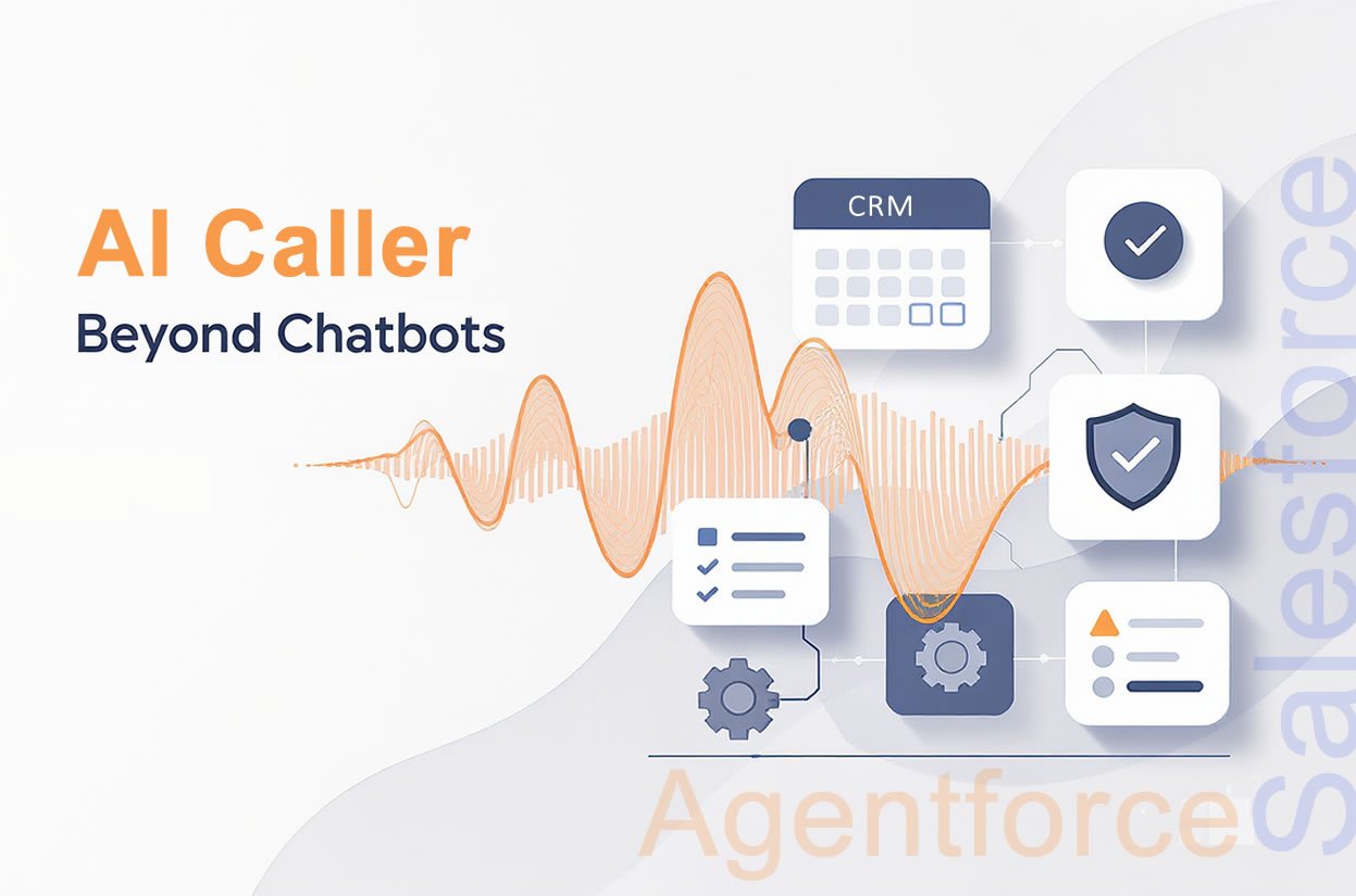 Abstract illustration of an AI caller—voice waveform linking to CRM actions and safeguards—showing Agentforce adoption beyond chatbots.